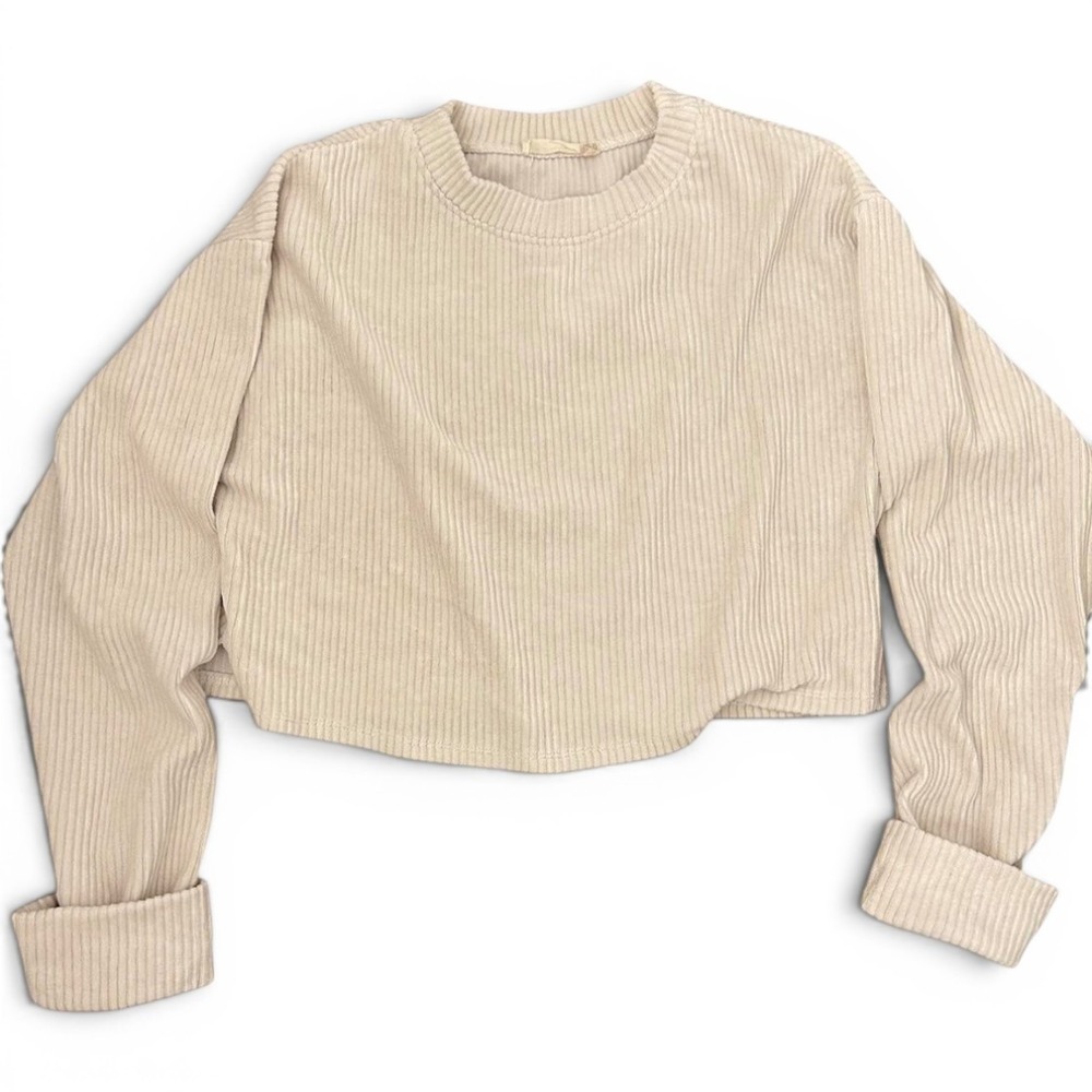 Altar'd State Cream Long Cuffed Sleeve Ribbed Cotton Blend Sweater Womens S - Picture 2 of 6